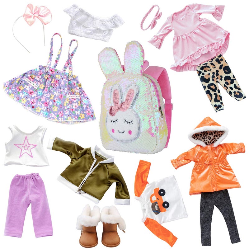 Ecore Fun 4 Sets 18 Inch Doll Clothes and Shoe and Cute Bag for Kids Casual Wear Oufits for 18 Inch Girl Doll Clothes with Hair Band Easter Bunny Backpack Birthday Gift for Kids - Image 2